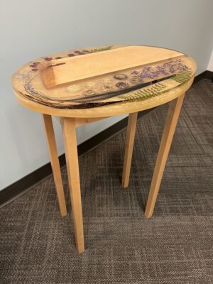Custom Josh Ahsoak end table (Curly maple, baleen, dried flowers, and resin)